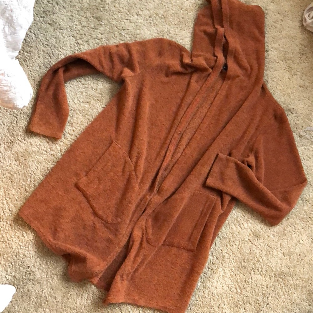 hooded orange terry cloth cardigan